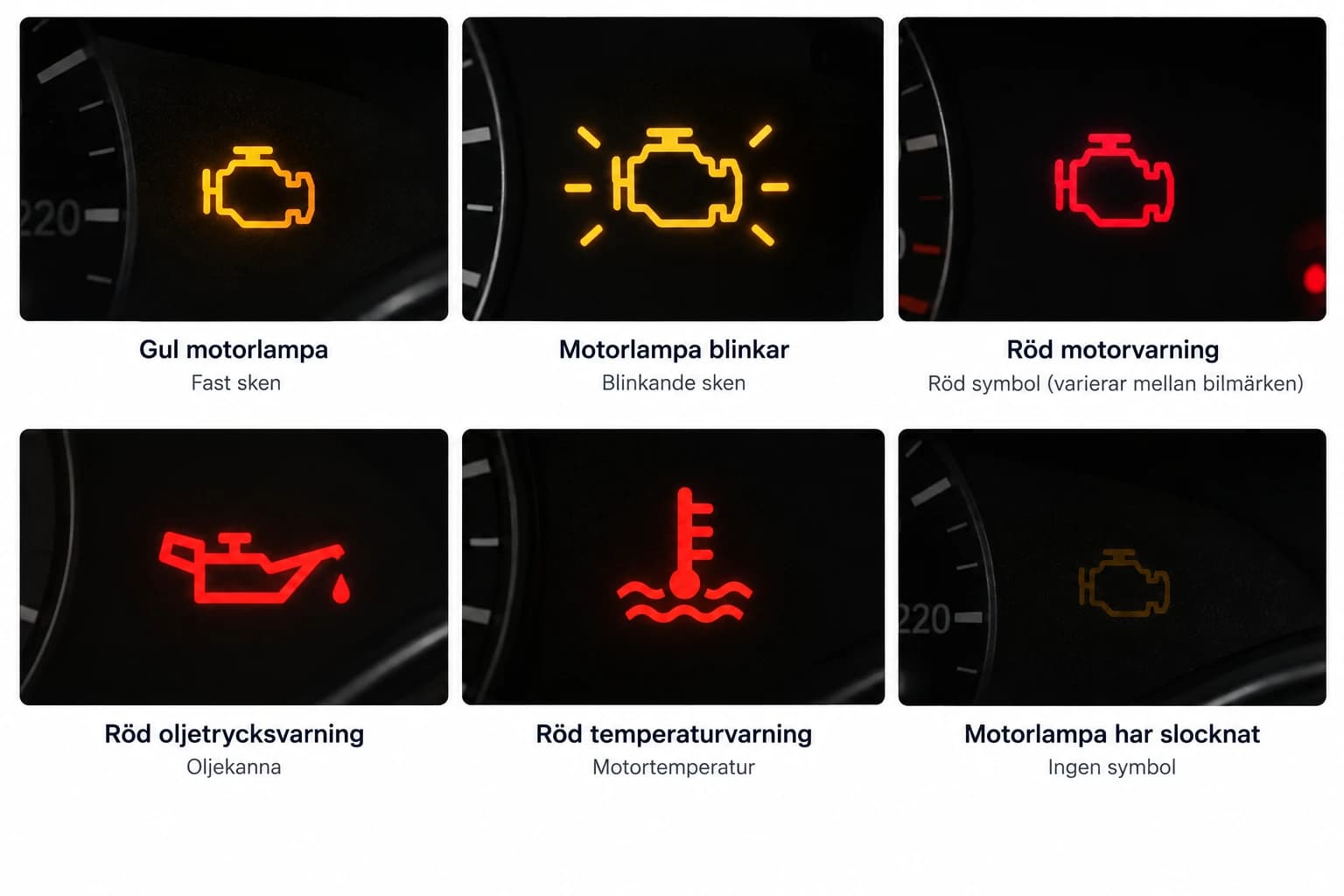 Motorlampa och olika varningslampor
