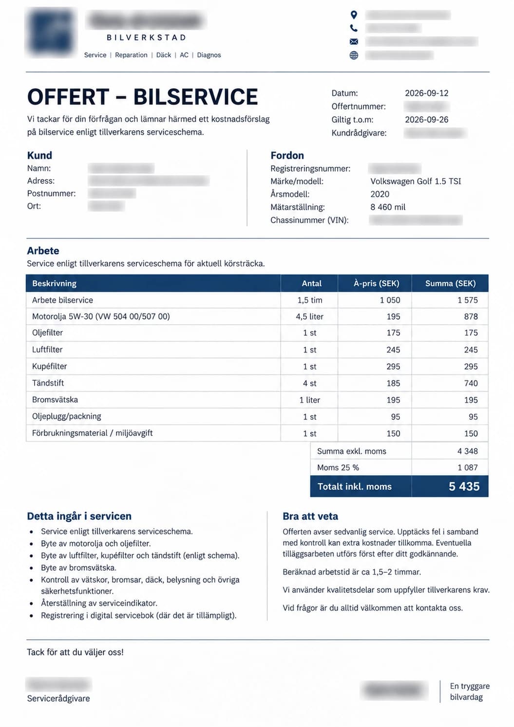 Verklig offert på bilservice med arbete, motorolja, filter och reservdelar