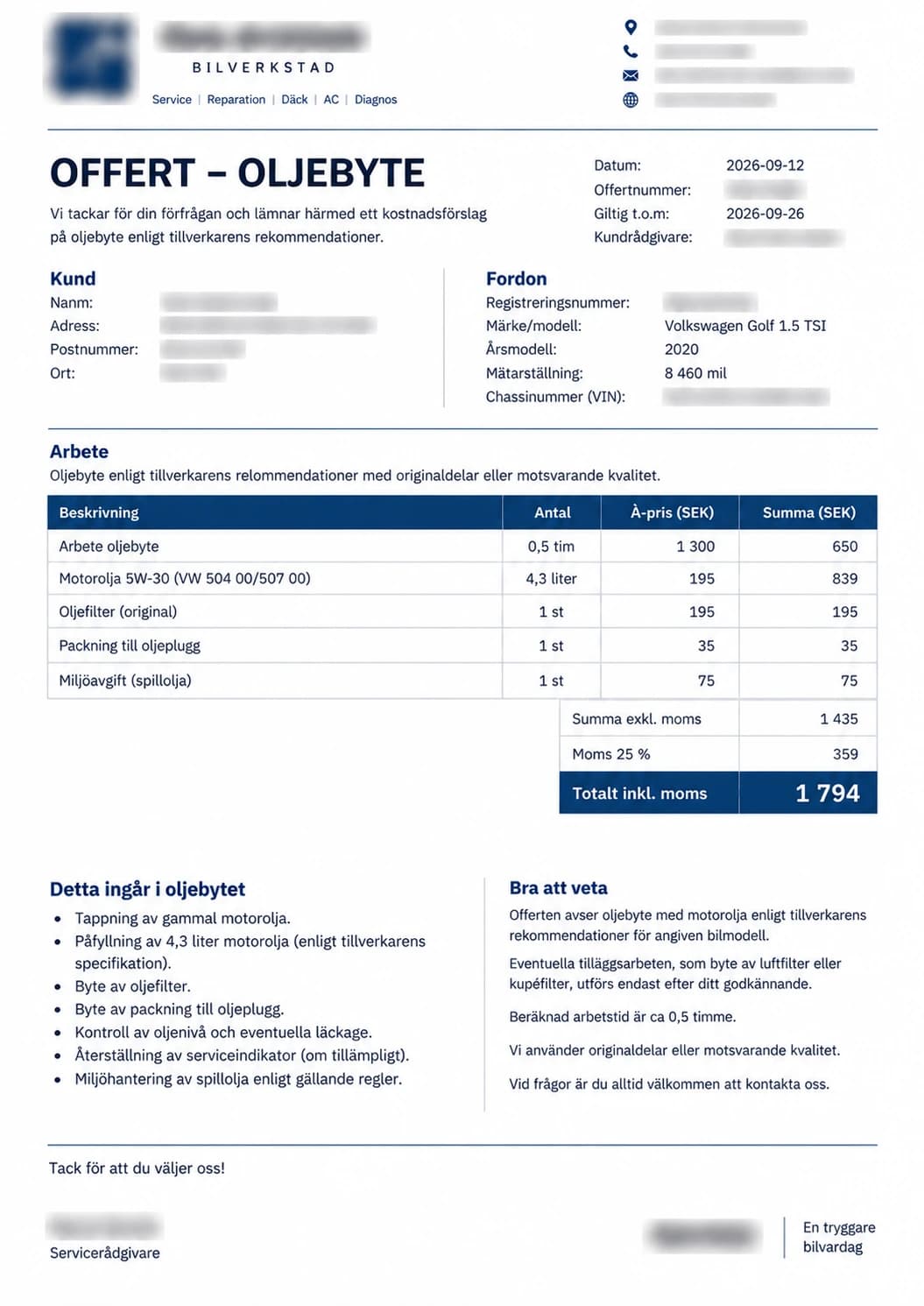 Prisexempel oljebyte Volkswagen Golf Uppsala