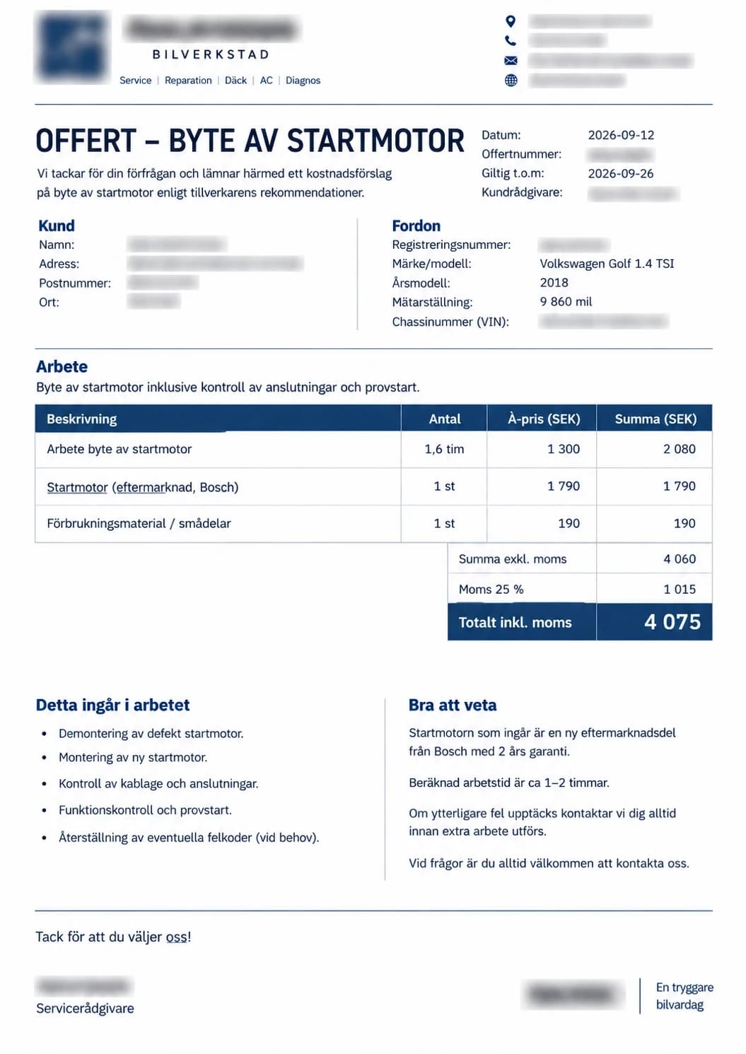 Exempeloffert för byte av startmotor på Volkswagen Golf 1.4 TSI för 4 075 kronor
