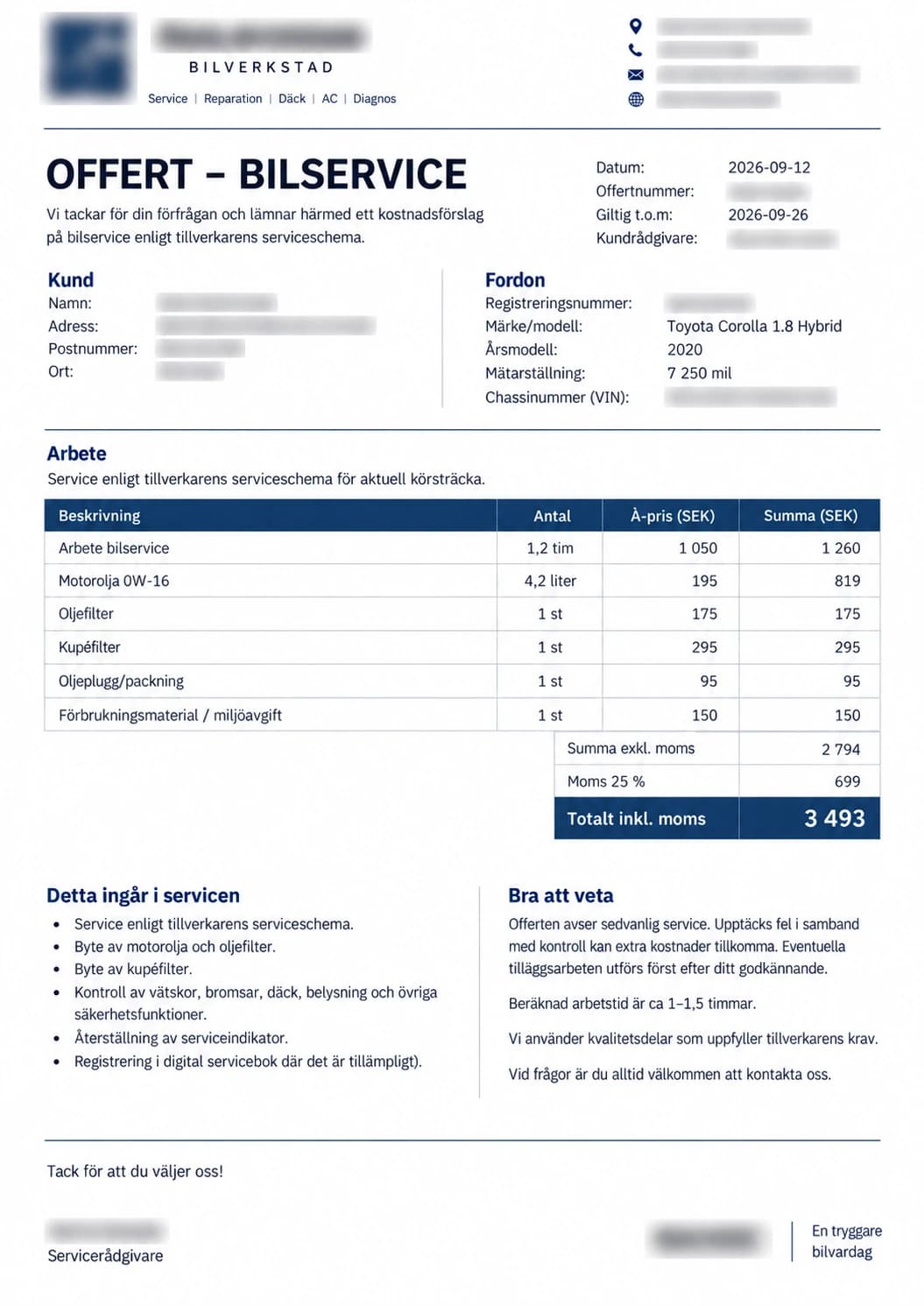 Verklig offert på bilservice för Toyota Corolla 1.8 Hybrid med totalpris 3 493 kr