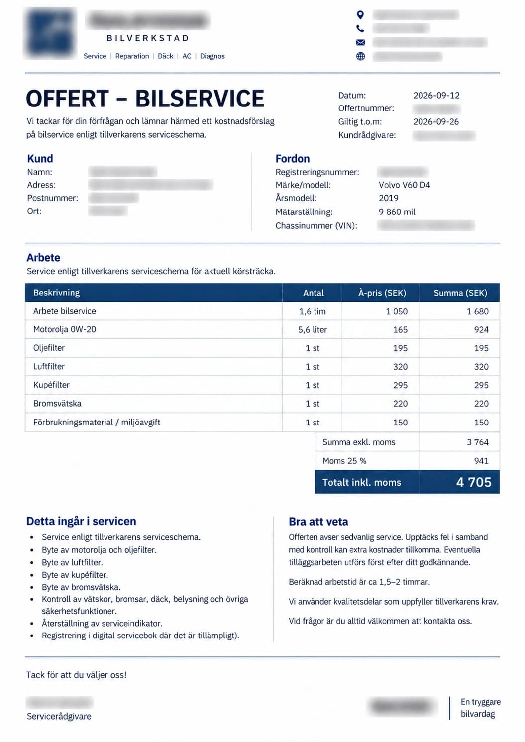 Exempel på offert för bilservice